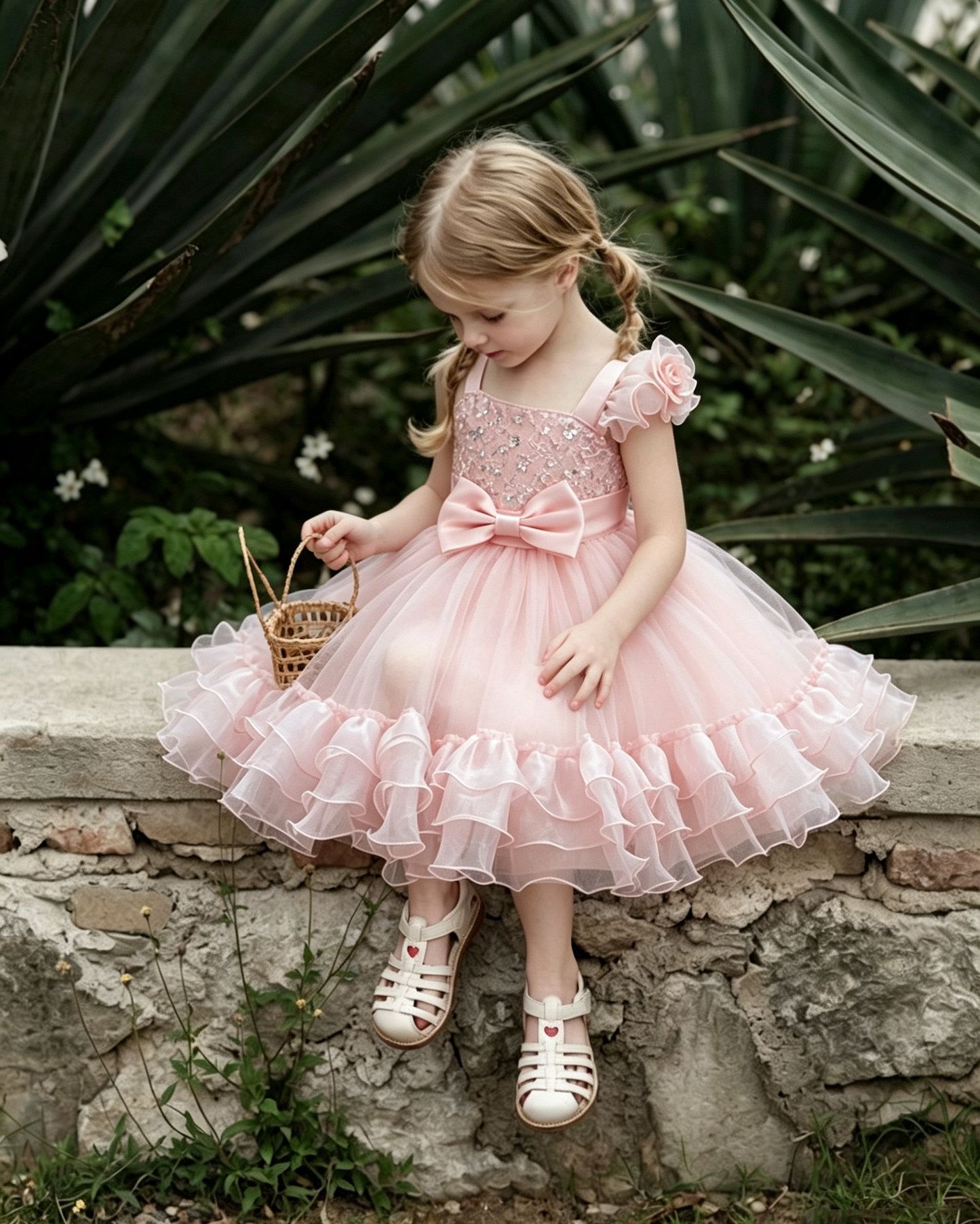 Luxury One-Shoulder Sequin Embroidered Bow Tiered Ruffle Tulle Princess Dress