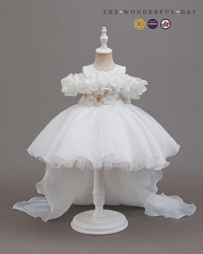 Organza Ruffle Pageant Dress with Back Bow and Flowing Train